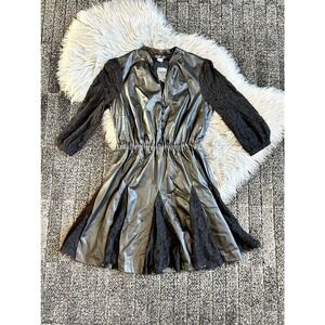 Venus Faux Leather And Lace Dress 3/4 Sleeve V-Neckline Black Women's 10 NO BELT